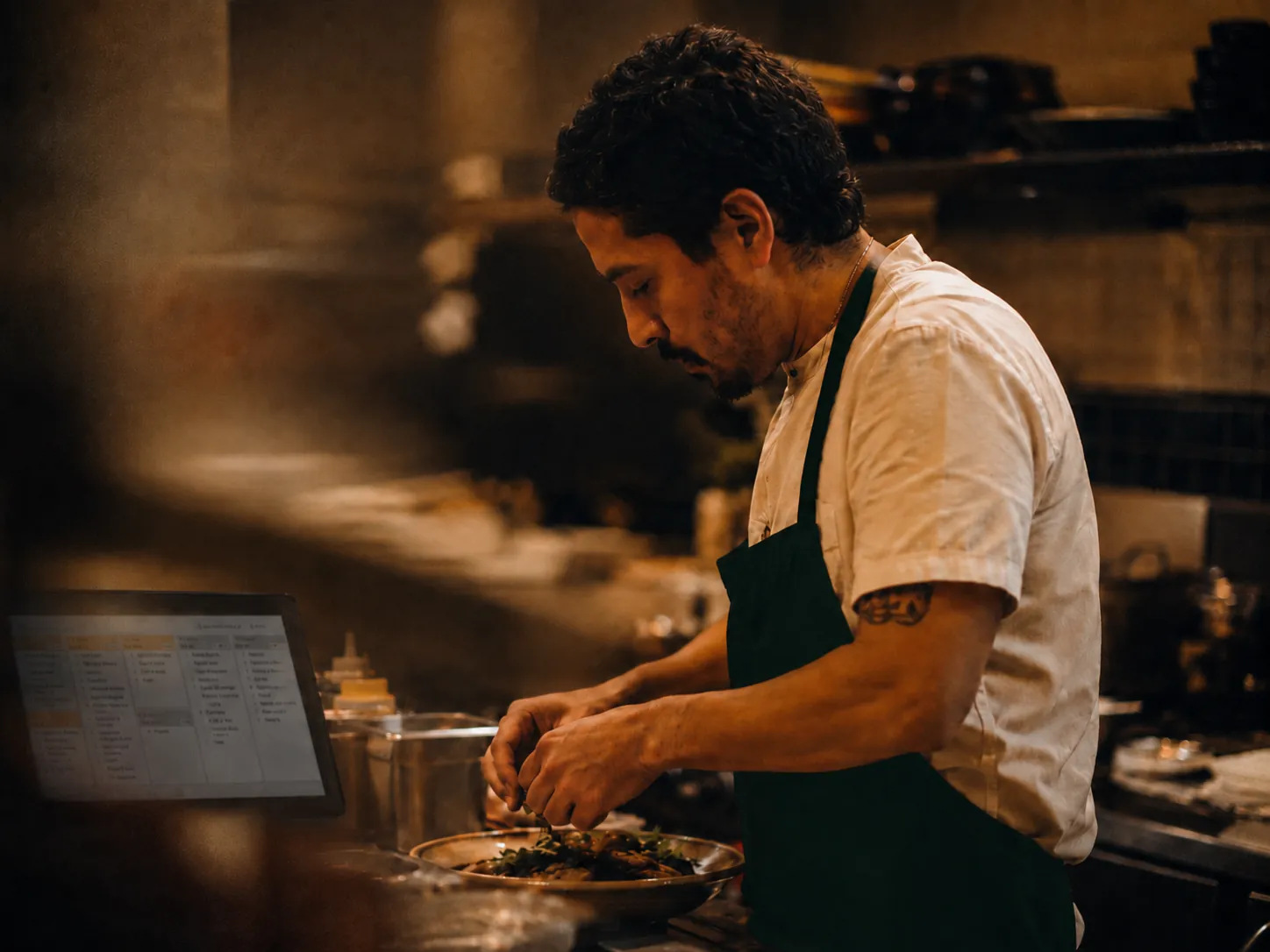 Cocinero preparando un platillo en su restaurante